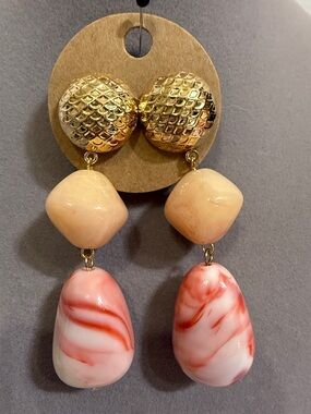 Statement Drop Earrings Pink Marble Resin Gold Tone Dangle